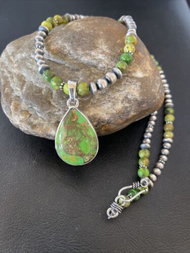 Navajo Pearl Necklace with Green Mojave Turquoise Pendant | Sterling Silver | Authentic Native American Handmade | 10580