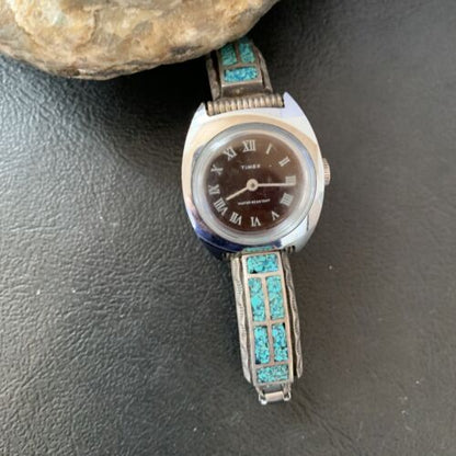 Navajo Sterling Silver Watch Tips | Old Pawn Blue Turquoise Chip Inlay Band | Authentic Native American Jewelry | 1639