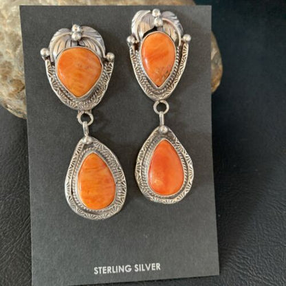 Navajo Orange Spiny Oyster Dangle Earrings | Sterling Silver | Authentic Native American Handmade | 13818
