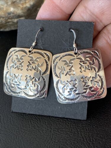 Native American Women's Dangle Earrings | Navajo Sterling Silver Stamped Handmade | 1658