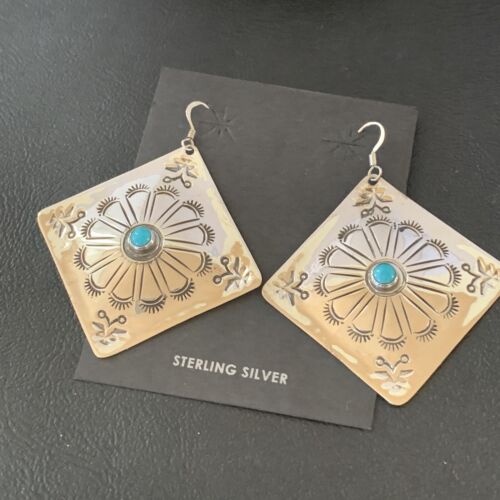 Navajo Turquoise Stamped Earrings | Sterling Silver | Authentic Native American Handmade | 1203