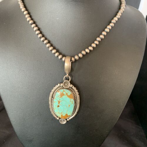 Men's Navajo Turquoise #8 Pendant Necklace | Sterling Silver | Native American Handmade | 13260