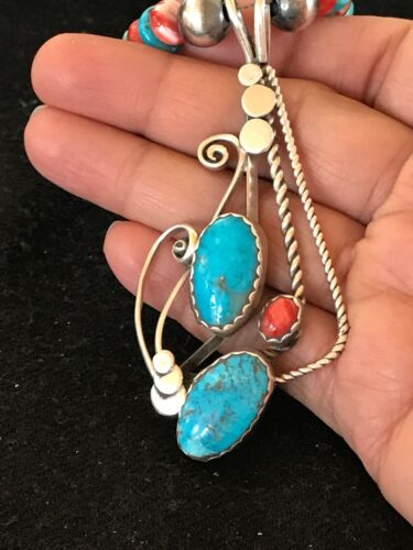 Navajo Kingman Turquoise & Spiny Oyster Pendant Necklace | Sterling Silver | 8659