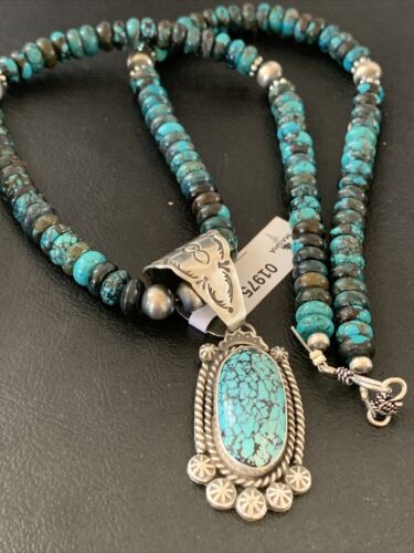 Men's Navajo Spiderweb Kingman Turquoise Pendant Necklace | Sterling Silver | Native American Handmade | 01975