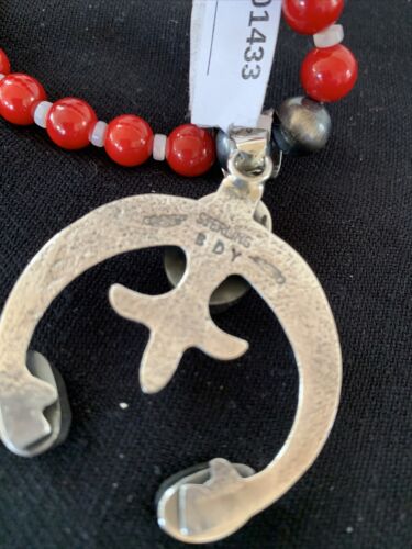 Navajo Sterling Silver Naja Pendant Necklace | White Buffalo Turquoise & Coral | Authentic Native American Handmade | 1433