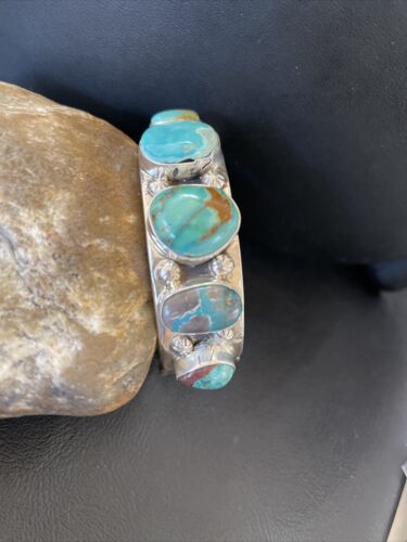 Men's Navajo Blue Turquoise Cuff Bracelet | Sterling Silver | 5 Stones | Authentic Native American Handmade | 01886 - Masha USA