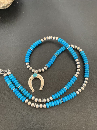 Navajo Blue Turquoise Naja Pendant | Sterling Silver Chain | Authentic Native American Handmade | 01944