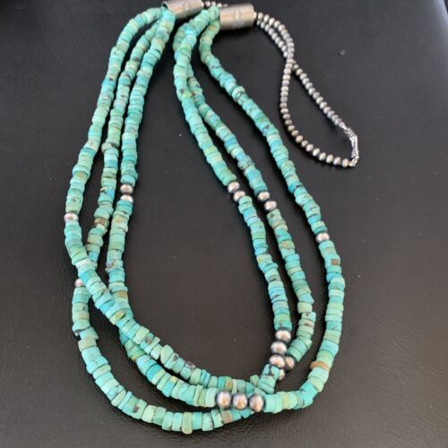 Southwestern Navajo 3-Strand Turquoise Heishi Necklace | Sterling Silver | 30" | 13155