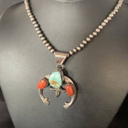 Navajo Pearl Necklace with Royston Turquoise & Coral Naja Pendant | Sterling Silver | 13643