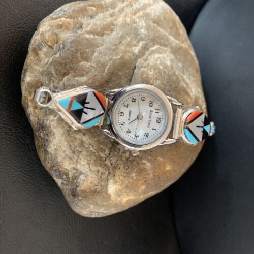Authentic Native American Zuni Sterling Silver Watch Tips | Onyx, Coral, Turquoise Inlay | Women's | 11577