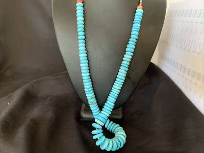 Navajo Pearls Bead Necklace with Blue Turquoise | Sterling Silver | 28" | Authentic Native American | 12537
