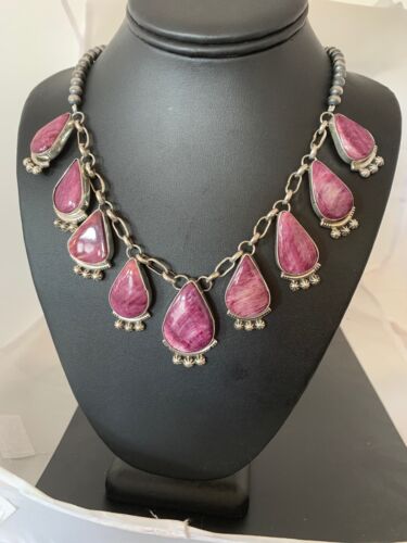 Navajo Purple Spiny Oyster Pendant Necklace Set | Authentic Native American Sterling Silver | Handmade | 4555