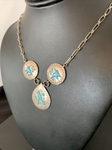 Vintage Zuni Blue Turquoise Necklace Pendant | Sterling Silver | Old Pawn | Native American Handmade | 19" | 1715