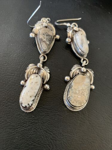 Navajo White Buffalo Turquoise Dangle Earrings | Sterling Silver | 2.5" | Authentic Native American Handmade | 12154