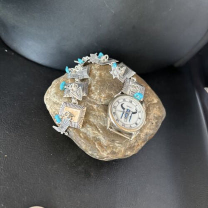 Authentic Navajo Men's Blue Turquoise Wristwatch | Sterling Silver Tips | Native American Jewelry | 14397