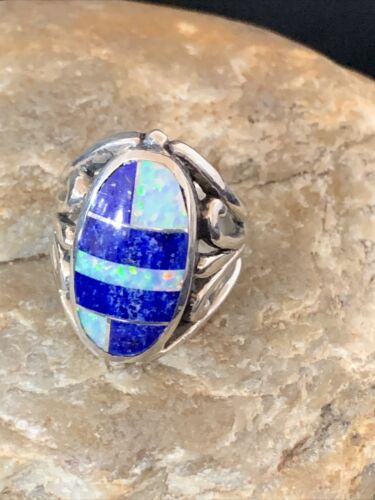 Native American Navajo Lapis & Opal Inlay Ring | Sterling Silver | Sz 7 | 01483 - Masha USA
