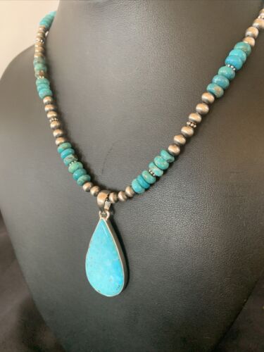 Navajo Pearl Necklace with Blue Kingman Turquoise Pendant | Sterling Silver | 11690