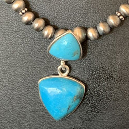 Navajo Pearl Necklace with Blue Cluster Turquoise Multi-Stone Pendant | Authentic Native American Sterling Silver | 12549