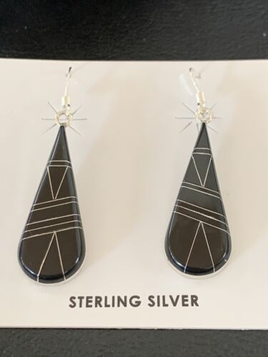 Navajo Black Onyx Inlay Dangle Drop Earrings | Sterling Silver | 1.5" | 12312 - Masha USA