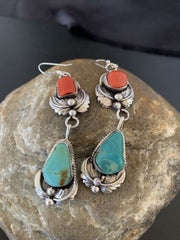 Navajo Green Royston Turquoise Red Coral Dangle Earrings | Sterling Silver | Authentic Native American Handmade | 2054