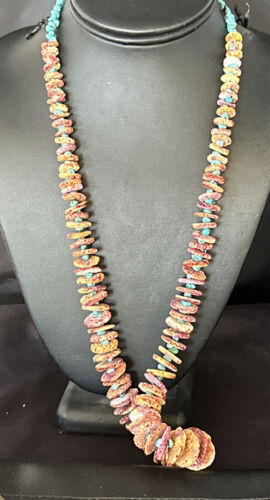 Navajo Purple Spiny Oyster & Turquoise Necklace | Sterling Silver | Authentic Native American | 28" | 14624