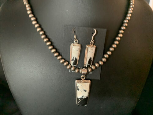 Navajo White Buffalo Turquoise Pendant | Sterling Silver Dangle Earrings | Authentic Native American Handmade | 14099