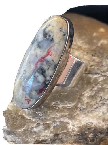 Native American Men's Cinnabrite Ring | White Black | Sterling Silver Handmade | Sz 7 | 01567