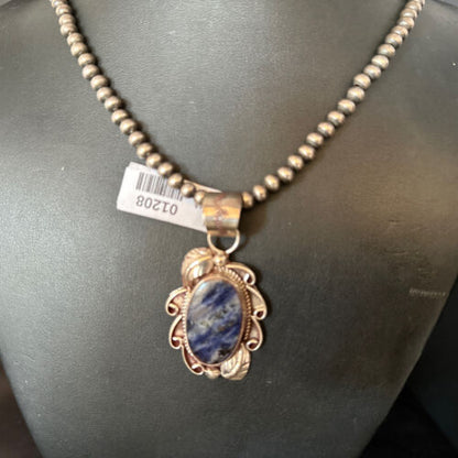 Navajo Denim Lapis Pendant Necklace | Sterling Silver Beads | Authentic Native American Handmade | 1208