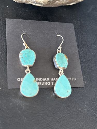 Kingman Turquoise Dangle Earrings | Navajo Handmade | Sterling Silver | Authentic Native American | 14579