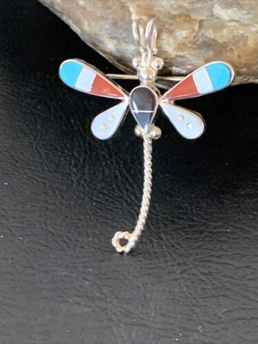 Zuni Turquoise Mother of Pearl Inlay Dragonfly Necklace Pin Pendant | Sterling Silver | 12317