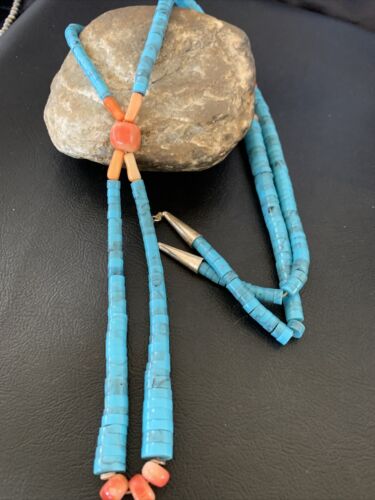 Southwestern Santo Domingo Pink Coral Blue Turquoise Jacla Necklace | 30" | Authentic Native American Handmade | 12517