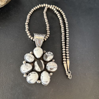 Navajo White Buffalo Turquoise Cluster Pendant | Authentic Native American Sterling Silver | Multi-Stone | 14676 - Masha USA