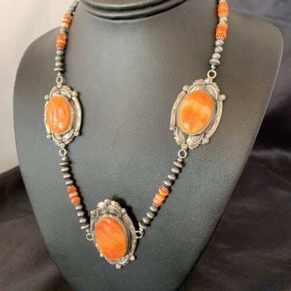 Navajo Pearls Orange Spiny Oyster Pendant Necklace | Sterling Silver | Authentic Native American Handmade | 10808