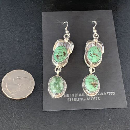 Navajo Green Spiderweb Turquoise Dangle Earrings | Sterling Silver | Authentic Native American Handmade | 13544