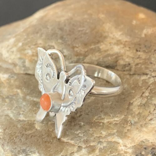 Navajo Orange Spiny Oyster Butterfly Ring | Sterling Silver | Sz Adj 8 | Authentic Native American Handmade | 10351