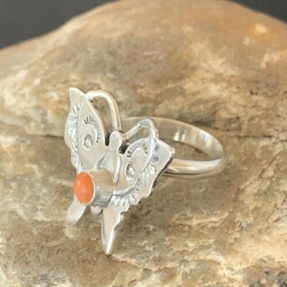 Navajo Orange Spiny Oyster Butterfly Ring | Sterling Silver | Sz Adj 8 | Authentic Native American Handmade | 10351