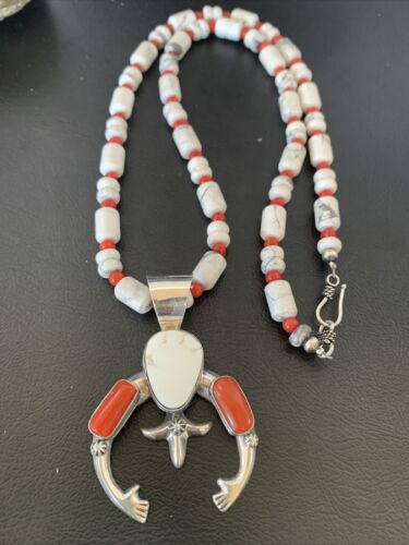 Navajo White Buffalo Turquoise Coral Naja Pendant | Sterling Silver | Authentic Native American Handmade | 10516