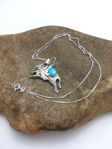Navajo Buffalo Turquoise Pendant 1.25" | Sterling Silver | Native American Handmade | 20" | 3024