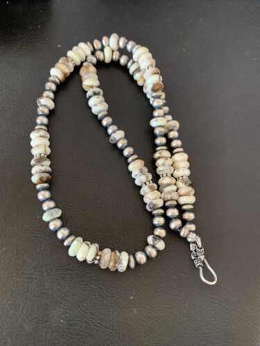 Men's Navajo Pearl Necklace with Wild Horse Turquoise Pendant | Sterling Silver | Single Strand | 10474