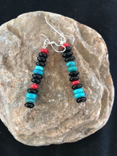 Navajo Sterling Silver Turquoise Onyx Coral Earrings | Southwestern Native American | 8334