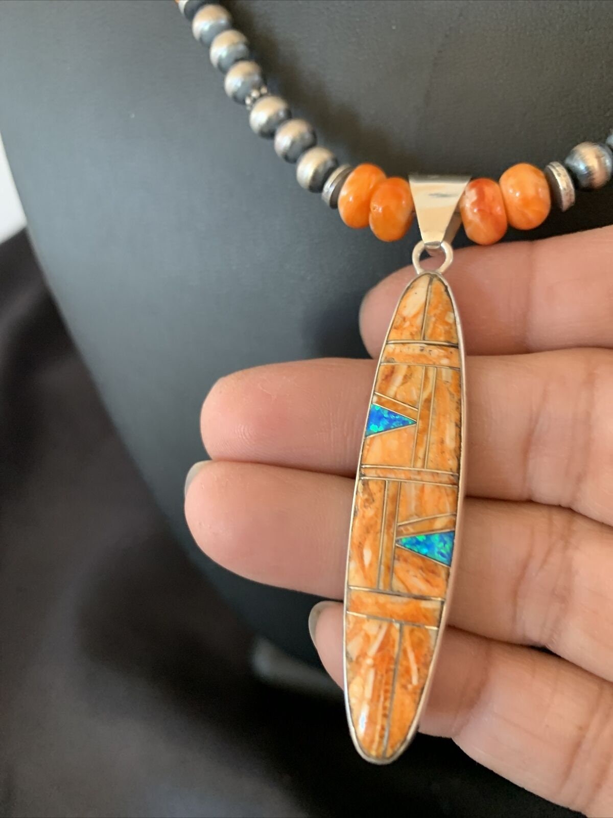 Navajo Pearls Sterling Silver Necklace with Orange Spiny Oyster & Opal Pendant | Authentic Native American | 11384