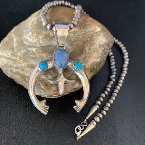 Navajo Sterling Silver Pendant Necklace | Denim Lapis & Turquoise | Authentic Native American Handmade | 13632