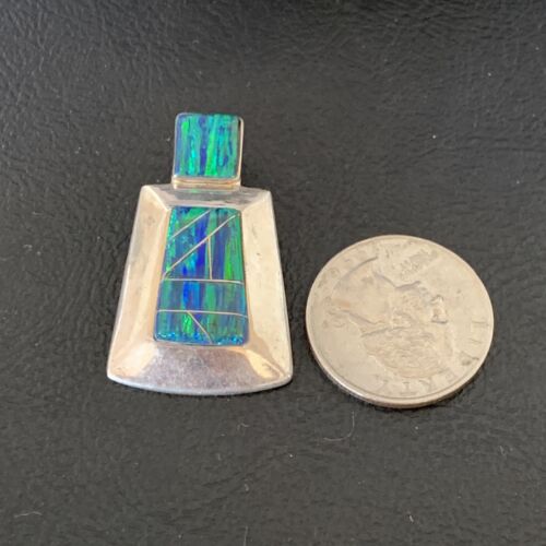 Authentic Native American Navajo Sterling Silver Blue Opal Inlay Pendant | Handmade Jewelry | 13337