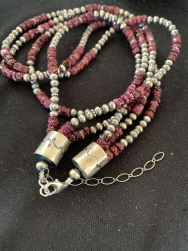 Navajo Purple Spiny Oyster Necklace | 3 Strand | Sterling Silver | 22" | Authentic Native American Handmade | 467