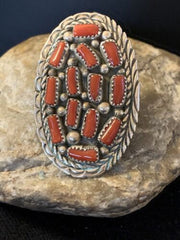 Navajo Red Coral Cluster Ring | Authentic Native American Sterling Silver | Multi-Stone | Sz 6.5 | 02220