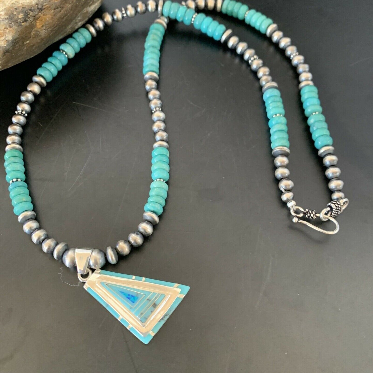 Authentic Native American Navajo Sterling Silver Pendant | Blue Turquoise & Opal Inlay Necklace | 11475