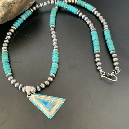 Authentic Native American Navajo Sterling Silver Pendant | Blue Turquoise & Opal Inlay Necklace | 11475