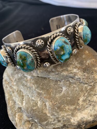 Navajo Green Sonoran Gold Turquoise Cuff Bracelet | Sterling Silver | 5 Stone | Authentic Native American Handmade | 864