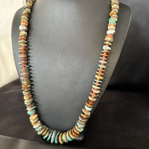 Navajo Turquoise & Red Spiny Oyster Necklace | Sterling Silver | Authentic Native American | 32" | 14381