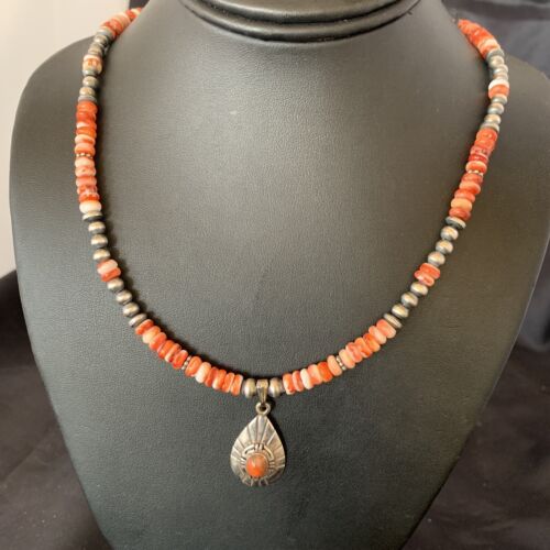 Navajo Pearl Necklace with Red Apple Coral & Spiny Oyster Pendant | Sterling Silver | 12373